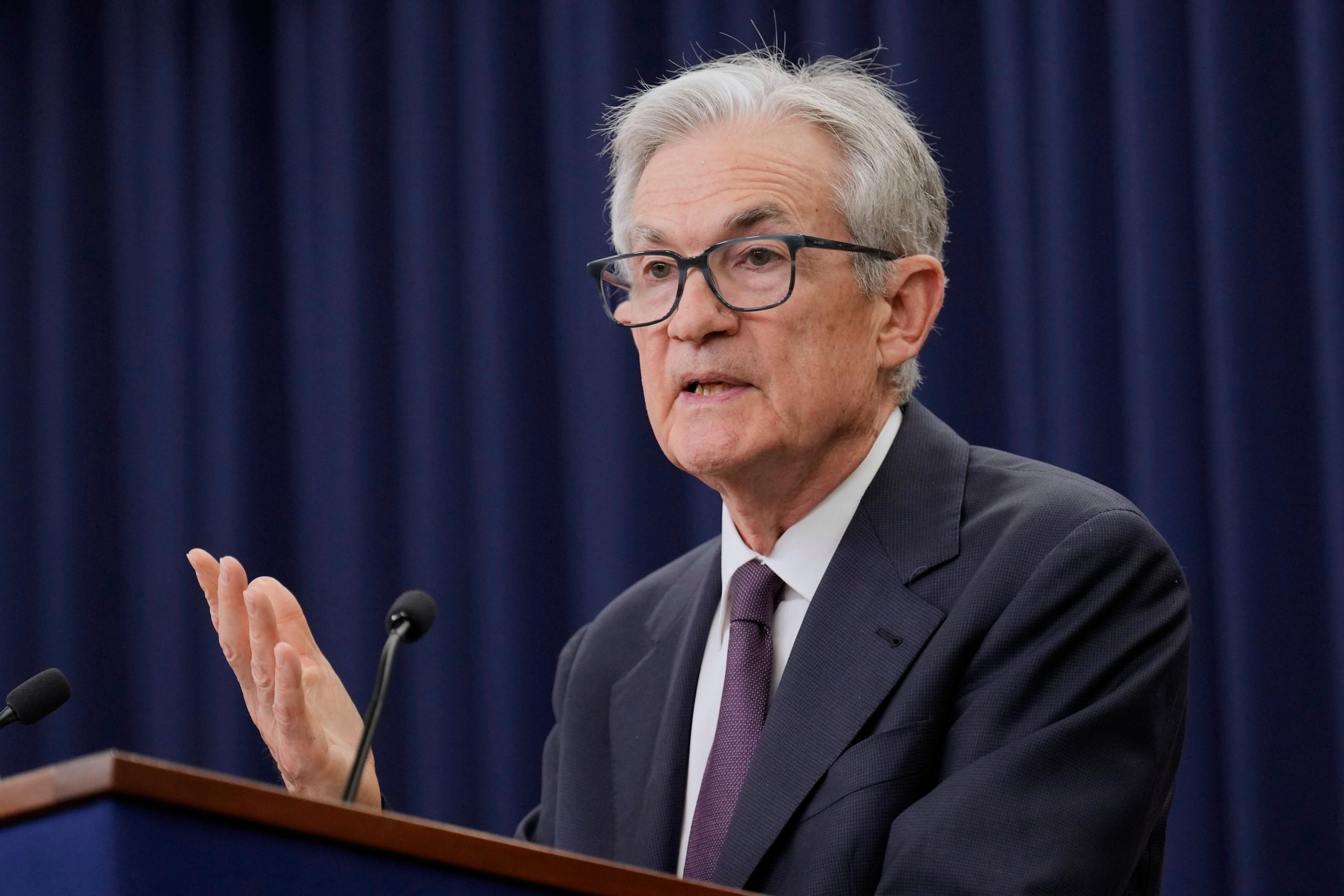 Federal Reserve Board Chairman Jerome Powell speaks during a news...