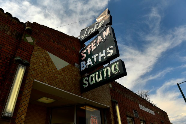The sign at Lake Steam Baths outside the historic business in Denver on July 22, 2020. (Photo by Helen H. Richardson/The Denver Post)