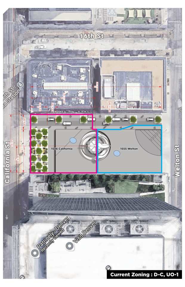 An image of the spiral observation tower's zoning from a concept plan filed with the city on June 24, 2025. It is planned to be built on an existing surface parking lot at 1546 California St. (Image from Denver public records)